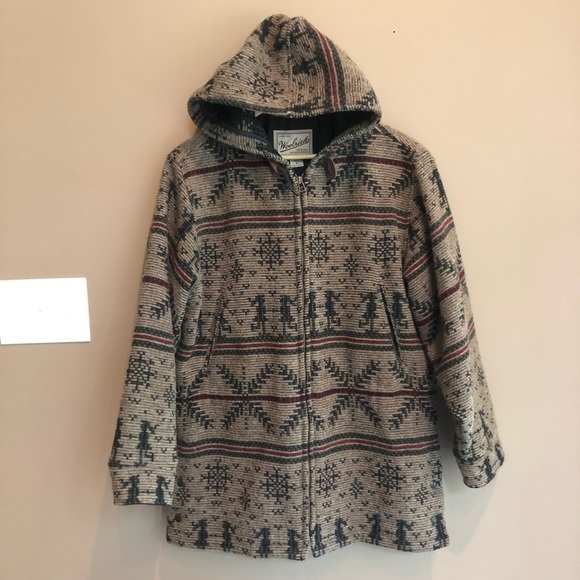 Vintage Woolrich Wool Snowflake Print Brown Hooded Coat Size Medium‎ - Picture 1 of 8